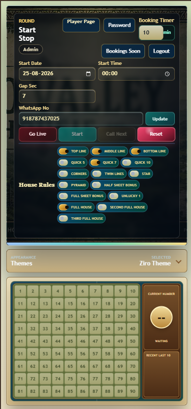 Hostambola admin control room with booking, game and number controls